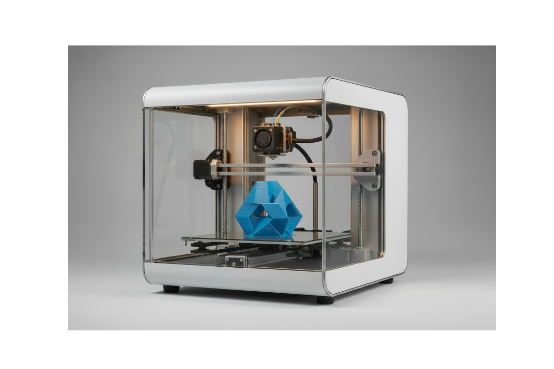 3D printer with a blue object in the process of being printed on a gray background